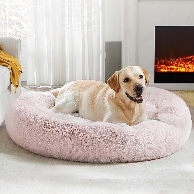 Western Home Calming Donut Large Dog Bed Pet Bed,36" Pink | Fluffy Faux Fur Round Cuddler,Anti-Anxiety,Anti-Slip Bottom,Plush Round Pet Dog Beds for Large Sized Dogs,Up to 80 LBS