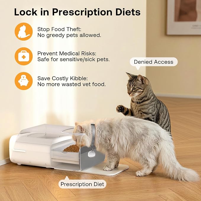 RFID Automatic Cat Feeder with Collar Sensor, Anti-Stealing Food Dispenser with Sealed Lid for Wet Dry Food and Different Diet for Multi-Pet Home, Auto Pet Feeder for Cats & Small Dogs, White