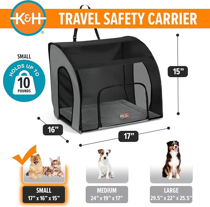 K&H Dog Car Seat, Travel Safety Carrier for Pets, Small, Gray/Black | Enclosed Car Seat for Dogs, Soft-Sided Covered Pet Carrier, Washable Pad, Multiple Entrances, Mesh Windows, 17x16x15in