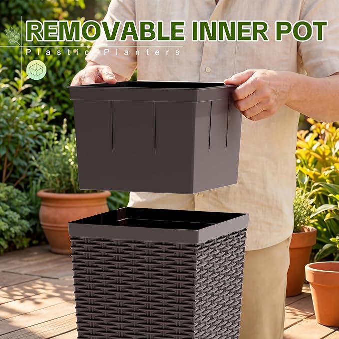 Devoko Resin Tall Planters for Outdoor Plants Set of 2, Large Taper Outdoor Planter Pots with 4 Drainage Holes, Flower Pots Modern Decor for Porch, Patio, Backyard, Garden(Brown, 24'' with Trays)