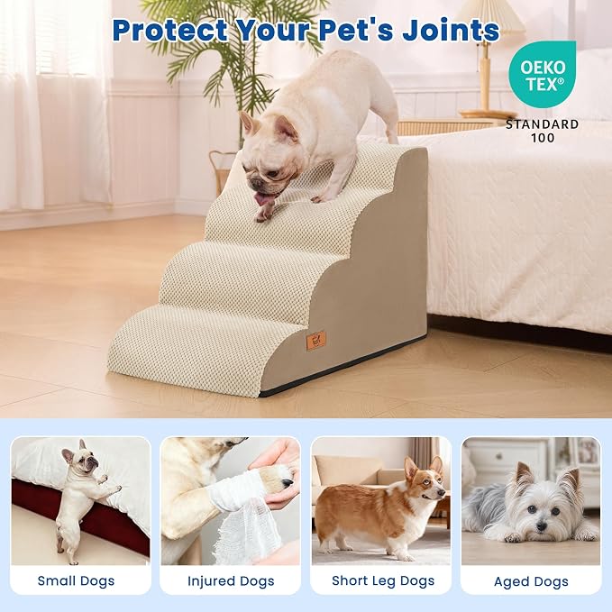 Dog Steps for Bed and Couch, Pet Stairs for Small Dogs and Cats, Khaki | High-Density Foam Support and a Stable 4-Step Ramp Design for Easy Access to Beds and Sofas,H 17.7in