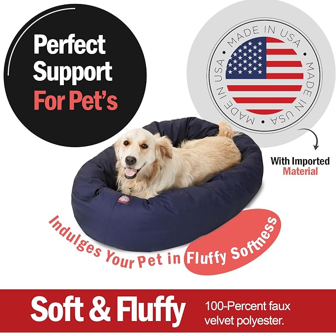 Majestic Pet Bagel Calming Dog Bed, 40 Inch Large, Round, Washable, Blue | Cozy Soft Fluffy Donut Pet Bed with Spine Support for Head Rest – Anti-Anxiety Comfort for Puppies & Dogs, 40x29x9 Inches