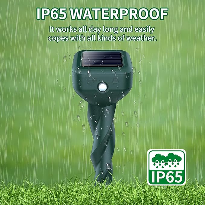 Mole Repellent Solar Powered, 4 Pack Snake & Skunk Repellent for Yard, IP 65 Waterproof Ultrasonic Deterrent Stakes, Get Rid for Rabbit, Gopher, Vole, Chipmunk, Deer, Groundhog for Lawns Garden