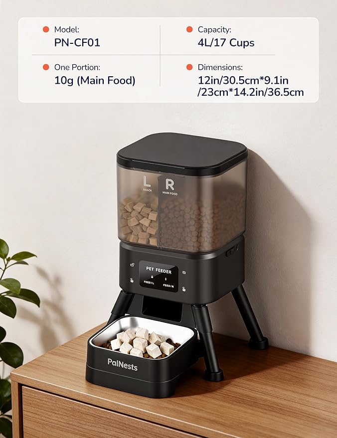 Dual Chamber Automatic Cat Feeder, Smart WiFi Pet Food Dispenser with 2.4&5G WiFi App, Custom Schedule & Portion Control for Dry Food and Treats, 4L, Black