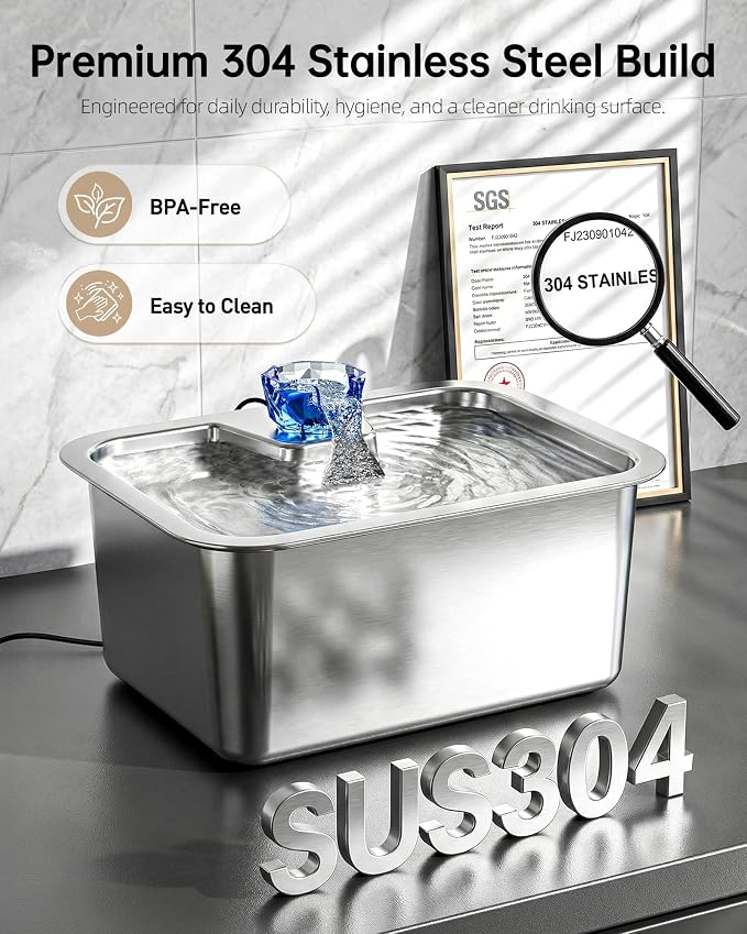 Dog Water Fountain with Silicone Mat - 3 Gallon Stainless Steel Pet Water Fountain with 6 Filters, Quiet Automatic Bowl Dispenser Drinking Waterer for Large Dogs & Multi-pet, Easy to Clean, Indoor Use