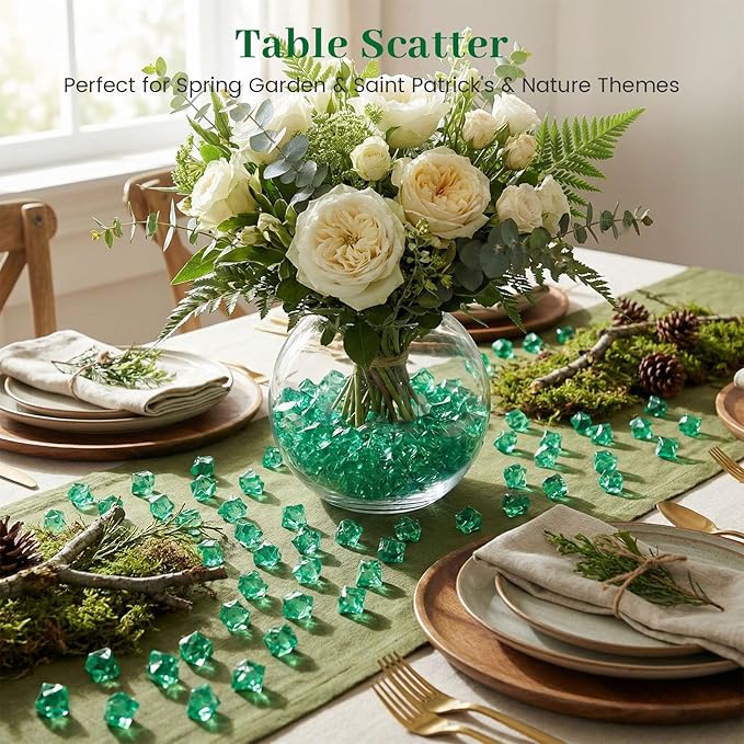 DomeStar 150PCS Fake Ice, Vase Fillers Green Acrylic Fake Diamonds Plastic Gems for Fish Tank Table Scatter Decoration