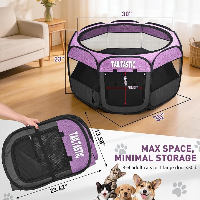 Portable Pet Playpen for Small Dogs & Cats, Foldable Puppy Safety Pen with Removable Zipper Top, Breathable Mesh Dog Delivery Room, Indoor Isolation Cage for Kittens/Rabbits (Purple, Small)