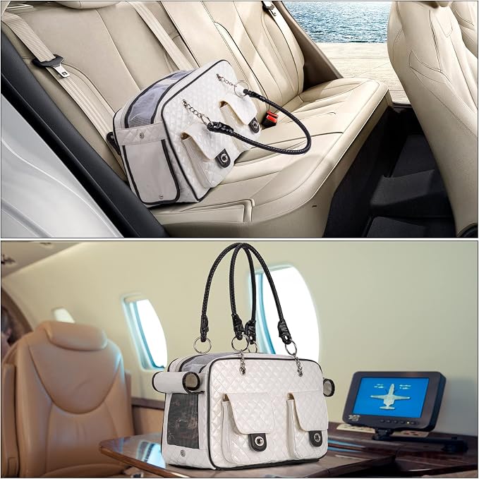 Pet Carrier Fashion Dog Carrier Purse Leather Tote Handbag Bag for Small Puppies Dogs Cat Small Animals Soft TSA Airline-Approved (White)