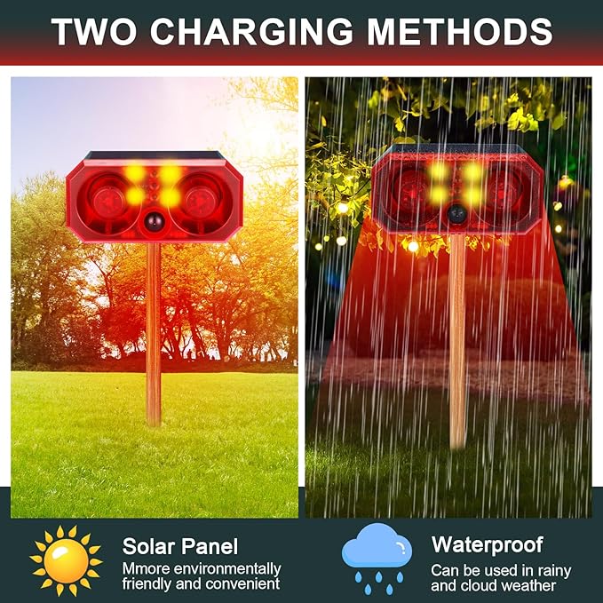 Qualirey 4 Pcs Solar Outdoor Motion Sensor Alarm Motion Sensor Animal Deterrent Dog Barking Alarm 13 Sound 130db Loud Noise Maker 4 Mode with USB Remote Control Support Recording Volume Adjustment