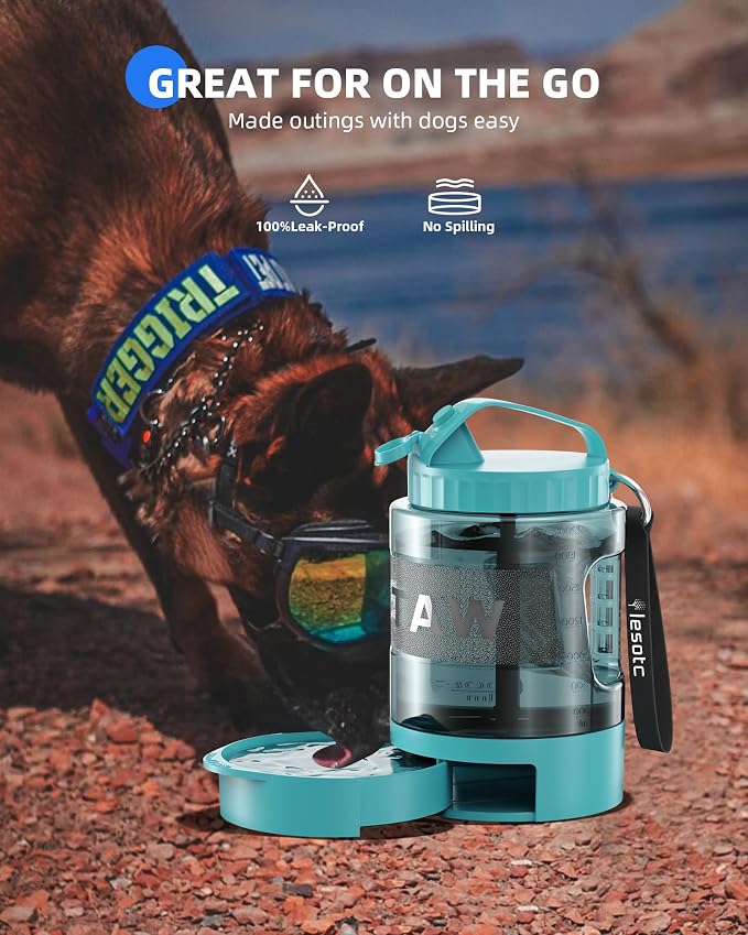 lesotc Portable Dog Water Bowl Dispenser - 77oz Travel Water Bottle with Pop-Out Drinking Bowl, No-Spill Design for Camping, Hiking & Car Rides - Keep Your Dog Hydrated Anywhere, LightBlue