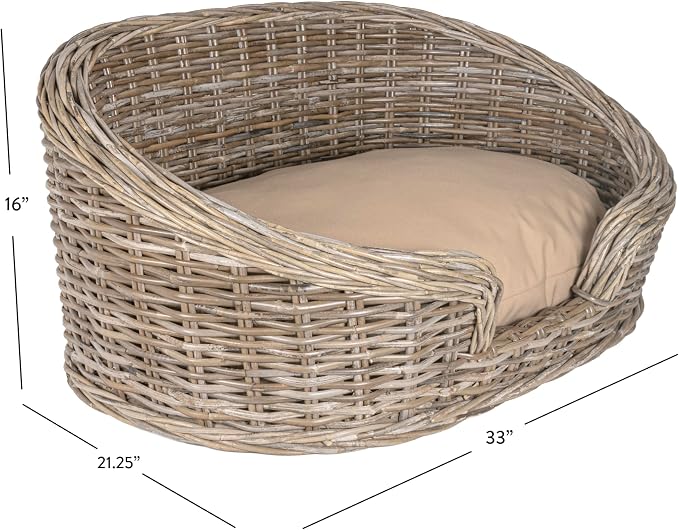 DBD1001A Curvy 33" x 21.25" Classic Handwoven Rattan Dog Bed with Machine-Washable Cushion, Kubu Gray