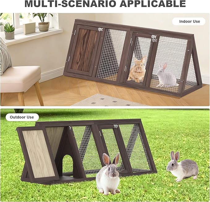 Small Chicken Coop, Rabbit Hutch Outdoor, Wooden Triangle Rabbit Cage with 2 Door & Poultry Run, Portable Bunny Hutch for Chicken, Rabbit, Guinea Pigs, Hedgehog, Small Animals (Rustic Brown)