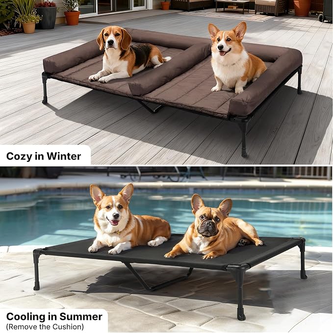 Veehoo Elevated Dog Bed for 2 Dogs, Cooling Raised Dog Bed with Bolster Mat | Outdoor Double Dog Bed with Removable Waterproof Cushion, Breathable Mesh, Non-Slip Feet for Outdoor & Indoor, 53", Brown