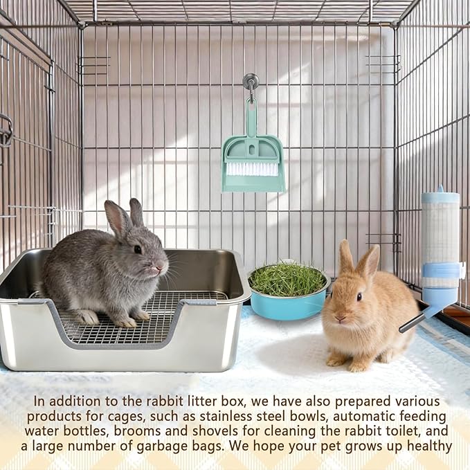 Rypet Large Rabbit Litter Box, Bunny Litter Box High Side with 304 Stainless Steel Sifting Tray, Metal Small Animal Litter Pan with Pet Food Bowl and Water Bottle, Non-Slip Easy to Clean Odor Control