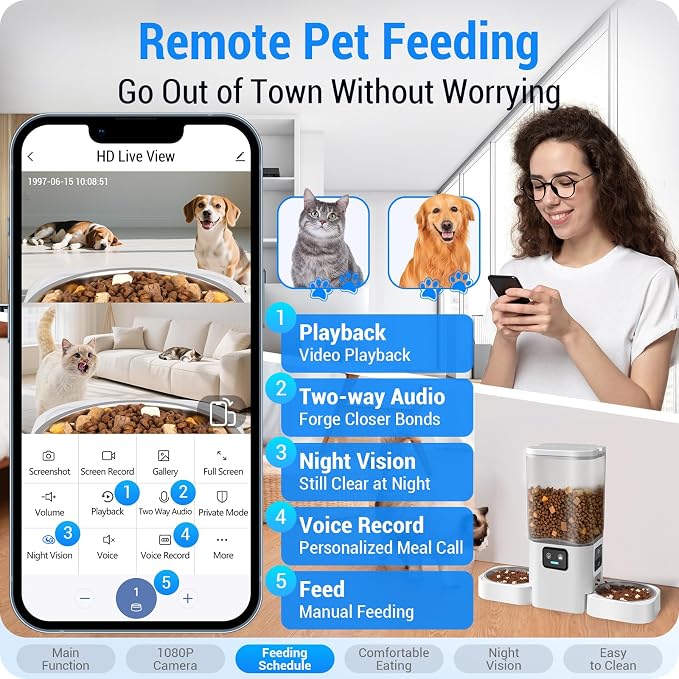 Frienhund Dual Automatic Cat Feeder with Camera for 2 Cats: 5G WiFi Automatic Dog Feeder with Night Vision, 7L Auto Cat Food Dispenser with Two Camera for Multiple Pet, Easy to Clean-29 Cup(ACF180W-A)