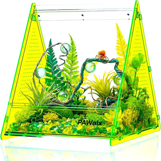 Triangular Jumping Spider Enclosure, Acrylic Terrarium with Magnetic Doors, 0.8mm Micro-Ventilation& Escape-Proof Design for Tarantulas, Lizards, Small Pets (Green,9.4"x10.9"x10.6")