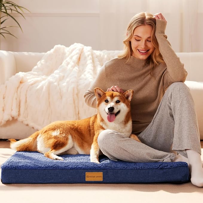 Patas Lague Orthopedic Large Dog Bed Pet Sofa Mat 36''X24'' Navy Blue | Egg-Crate Foam Dog Couch For Large Sized Dogs, Waterproof Removable Washable Cover, Soft Pet Crate Bed With Nonskid Bottom