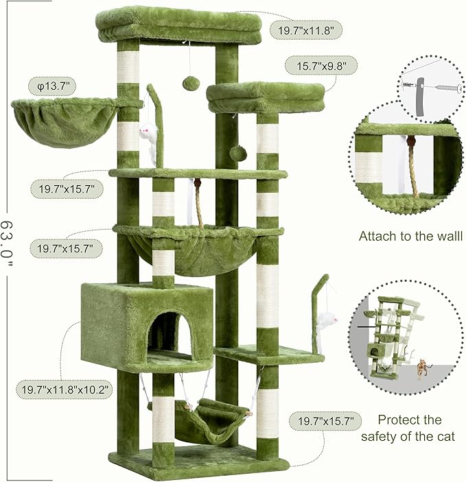 Gitelsnour Cat Tree, Cat Tower for Large Cats with 2 Big Platforms, 2 Baskets, condo and Toys, 63" Cat Scratching Posts for Indoor Cats, Green GCT020GR