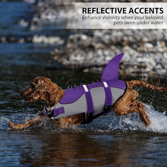 Dog Life Jacket with Rescue Handle - Adjustable Reflective Dog Shark Life Vest for Large Dogs, Purple