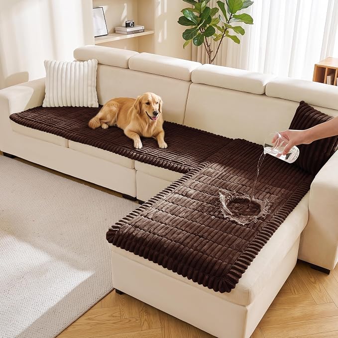 FUANGUI 2 Pack Waterproof Couch Cover for Dogs Pets Sofa Protector | Non-Slip Washable Fuzzy Soft Sofa Slipcover for 2 PCS L Shaped Sofa Pet Friendly, 27.6" x 70.9"+27.6" x 82.7", Brown
