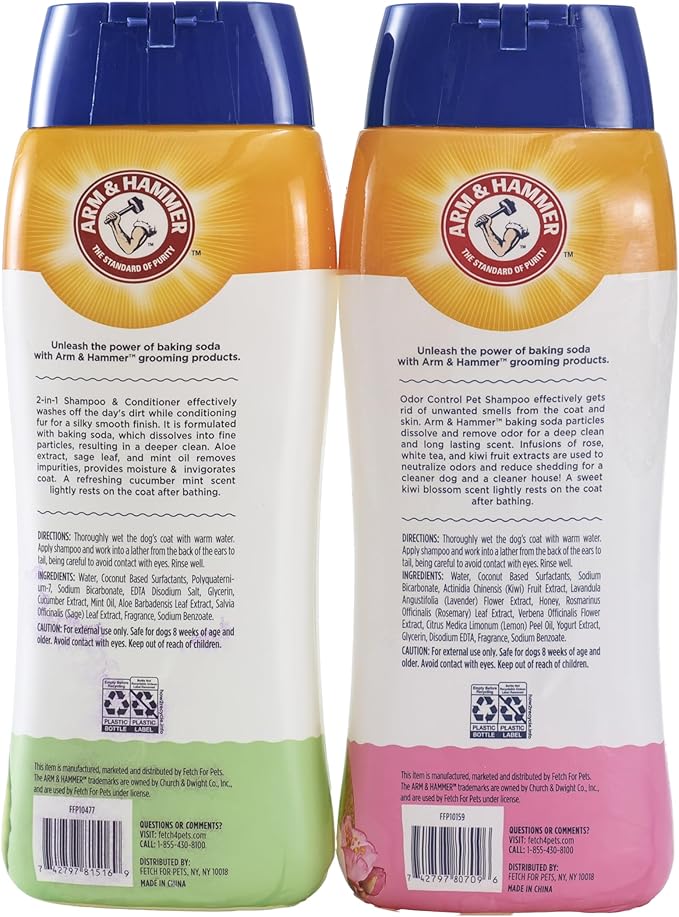 Arm and Hammer for Pets Dog Shampoo Combo Pack with Baking Soda for Odor Control | Deodorizing Kiwi Blossom Dog Shampoo and 2-in-1 Shampoo & Conditioner Cucumber Mint | 20 Oz Bottles