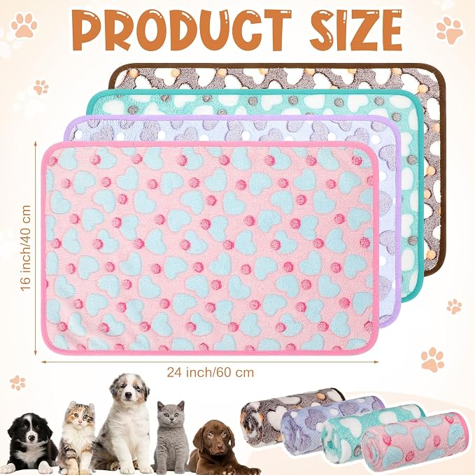 Tatuo 4 Pack Fleece Dog Blankets for Puppy Cats Multi-Size Sleep Mat for Pet Guinea Pig Soft Washable Crate Bed Puppy Teething Toys Print Pattern Warm Blanket Indoor(Pastel Color,24 x 16 Inch,Heart)