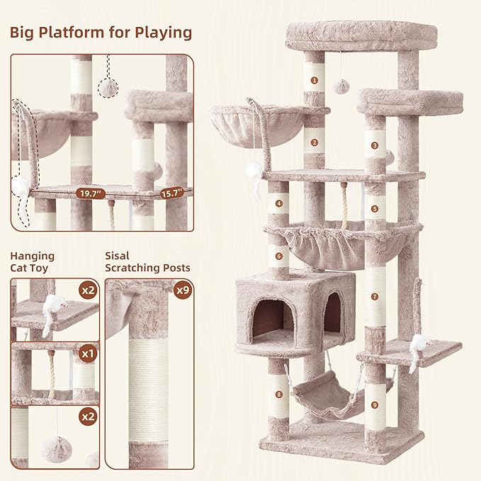 Gitelsnour Cat Tree, Cat Tower for Large Cats with 2 Big Platforms, 2 Baskets, condo and Toys, 63" Cat Scratching Posts for Indoor Cats, Muchroom GCT020MU
