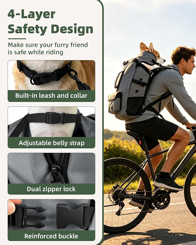 Breathable Dog Hiking Backpack Carrier for Small Dogs, Grey | 4-Layer Protection, Adjustable Dog Backpack with Storage Pockets, Reflective Strips, 3D Ergonomic Support, Under 24 lb