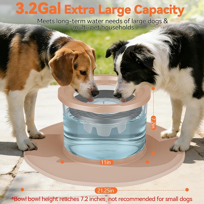 Decflow 12L No Spill Dog Water Bowl for Large Dogs, Stainless Steel Spill Proof Bowls with Suction Cup Anti-Skid Mat, Slow Feeder for Messy Drinkers, Heavy Duty Pet Bowls for Indoor/Outdoor Beige