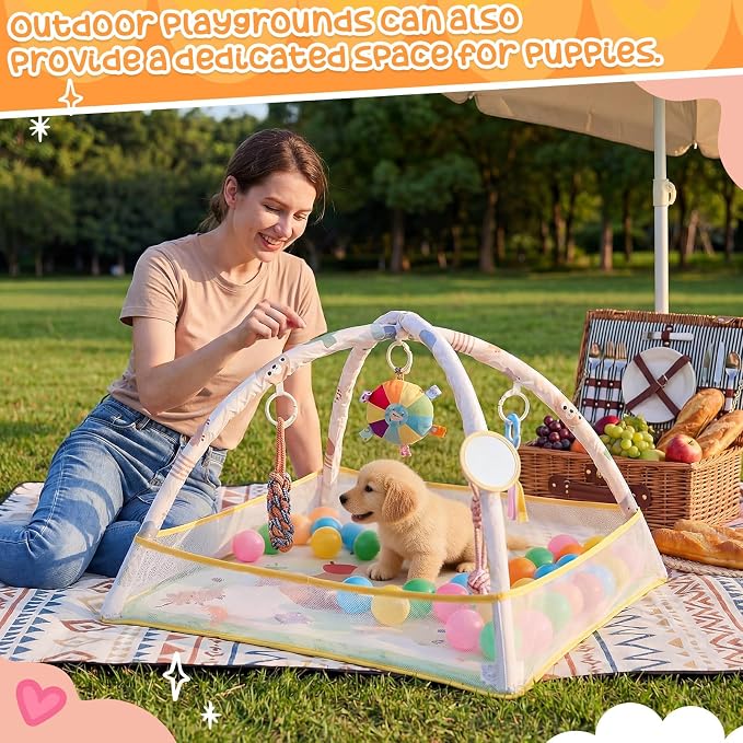 30 x 30 x 21 Inch Puppy Play Gym with 9 Hanging Toys & 18 Ocean Balls – Interactive Activity Mat for Dogs & Cats, Includes Squeaky Plush & Chew Toys – Portable Snuffle Mat for Pets up to 25 Lbs