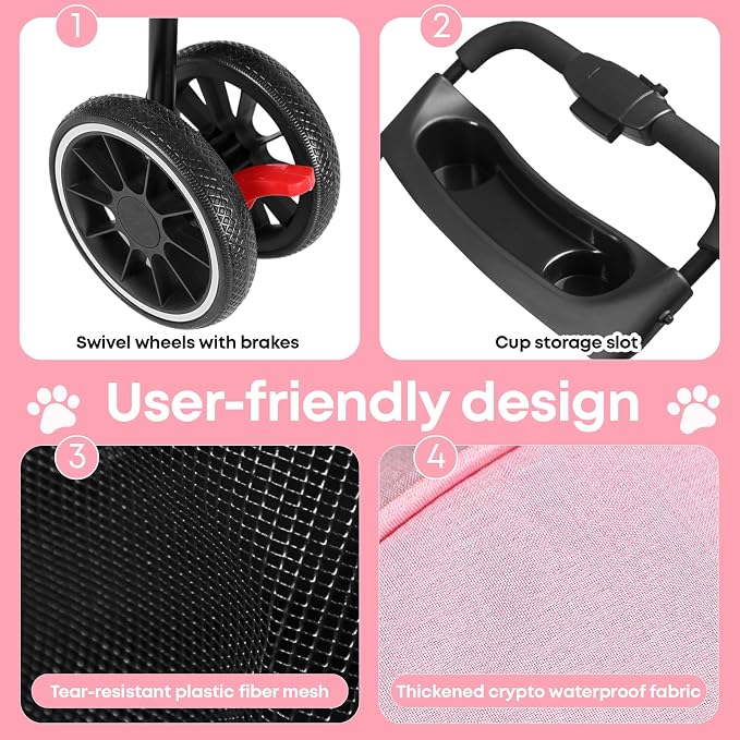 Pet Stroller,Dog Stroller for Small Medium Dogs Cats,3 Wheels,Pink | Foldable,with Breathable Mesh Canopy,Cup Holders,Easy Assembly