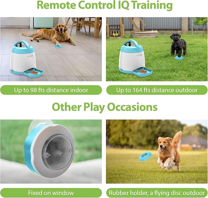 PETGEEK Automatic Dog Treat Dispenser, Interactive Pet Toy Food Dispensing for IQ Training, Dog Food Dispenser with Button Remote Push, Dual Power Supply for Indoor Outdoor Use, Blue | Automatic Food Dispenser Blue Color, Dual Power Supply, Remote Butt...