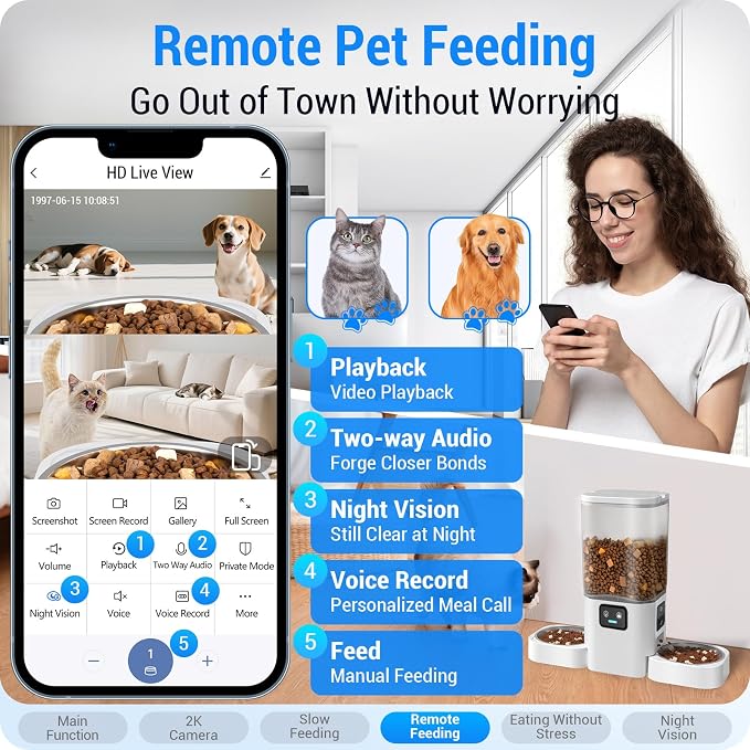 Frienhund 5G WiFi Automatic Cat Feeder with Two HD Camera: 7L Automatic Dog Feeder with Night Vision, Auto Cat Food Dispenser for Multiple Pet, Detachable for Easy Cleaning - 29 Cup