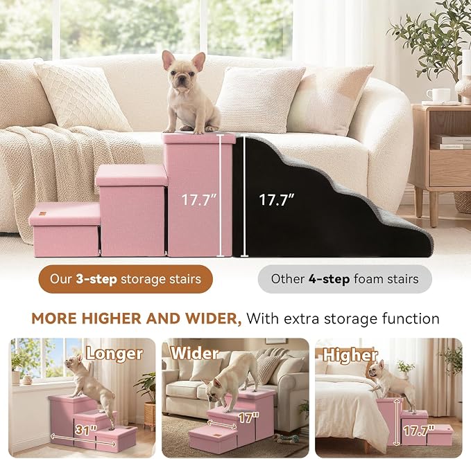 Zerbuger Dog Stairs with Storage, Pink 3 Steps Dog Ramp no Condo for Bed | 18" H Wider Dog Steps for High Beds Couch, Folding Storage Pet Stairs Gift for Climbing Small/Medium/Large Old Dogs Cats