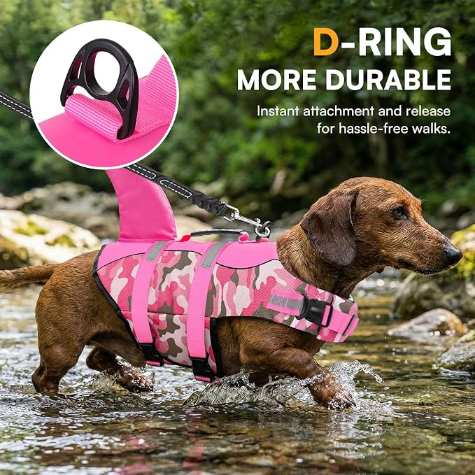 Dog Life Jacket Ripstop Dog Shark Safety Vest Adjustable Preserver with High Buoyancy and Durable Rescue Handle for Small,Medium,Large Dogs, Pink Camouflage X-Large