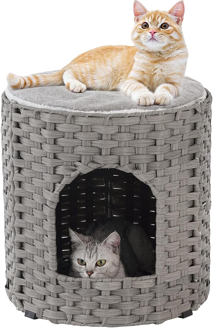 SETVSON Cat House for Indoor Cat, Large Double Cat Houses Cat Bed, Gray | Handwoven PE Rattan Bed Cave with One Soft Pad, Spacious 17 x 17 x 17 In Foldable Kitten Hideaway, Easy to Clean