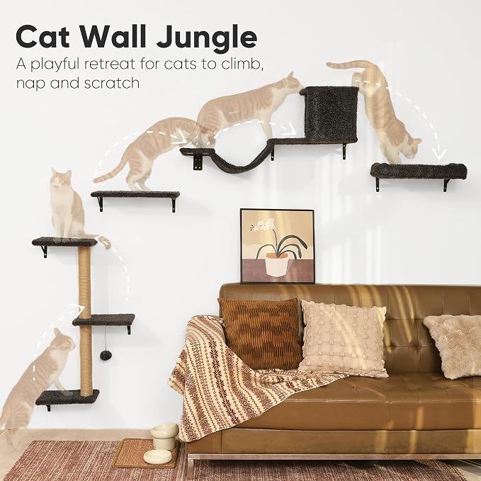 FUKUMARU Cat Wall Shelves, 4 in 1 Set, Grey | Stable & Safe Cat Walls Furniture, Wooden Kitten Climbing Wall with Scratching Post for 16 Inch Drywall