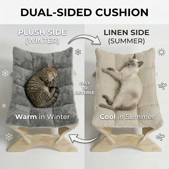 JSPYFITS Elevated Cat Bed Hammock, Raised Cat Bed with Dual-Sided Plush & Linen Cushion, Machine Washable & Breathable Cover Tool Free Easy Assembly, up to 66Lbs (Gray)