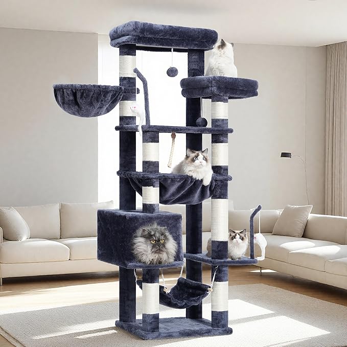 Gitelsnour Cat Tree, Cat Tower for Large Cats with 2 Big Platforms, 2 Baskets, condo and Toys, 63" Cat Scratching Posts for Indoor Cats, Smoky Gray GCT020G