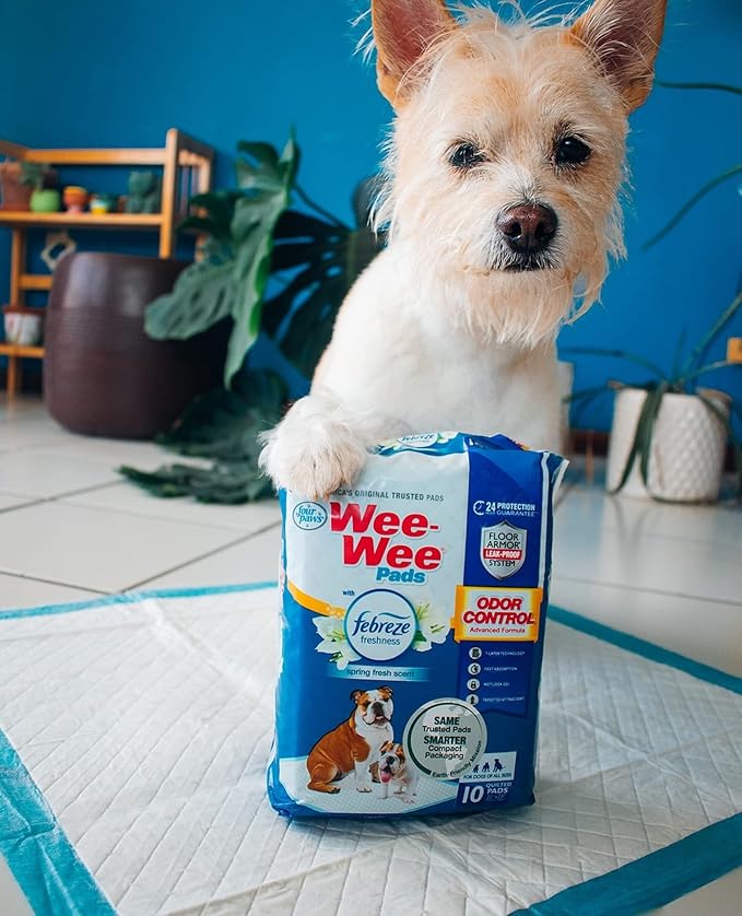 Four Paws Wee-Wee Odor Control Dog Pee Pads with Febreze Freshness | 10 count, spring fresh scent, neutralizes ammonia odors, pee pads for dogs & puppies, dog housebreaking, 22" x 23"