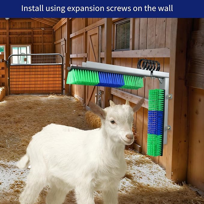 Livestock Scratch Brush With Spring Iron Holder，Animal Back Scratching Brush Including 4pcs goat brushes, 4 stands and accessories For Cow,Cattle,Sheep, Horses,Pigs，Massage Grooming Tool（Green）