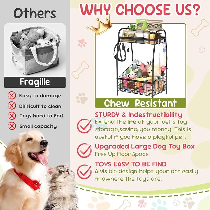 Kaiferty Indestructible Medium Dog Toy basket, Toy Box for Dogs,Pet Toys Bin Dog Metal Wire Basket for Toys, Food Storage, Storage Organizer Chest Storage, Toy Box for Living Room Area (Black)