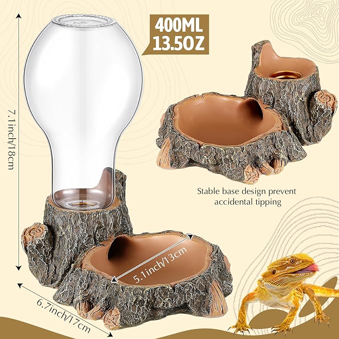 Briwooody 2 Pcs Automatic Reptile Water Dispenser 13.5 oz Large Bearded Dragon Water Bowl Reptile Dish Feeder for Terrarium Tank, Turtle, Geckos, Frog, Tortoise, Amphibians, Lizards