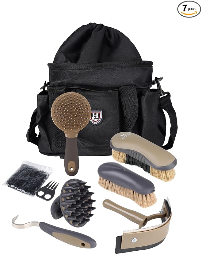Harrison Howard Horse Grooming Brushes Kit 7 pieces with Organizer Tot Equine Care Series Horse Brush Sets Black