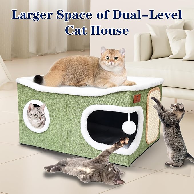Extra Large Cat Beds for Indoor Cats, Covered Cat Cave Beds & Furniture with Scratch Pad and Fluffy Ball, Foldable Condo Hideaway with Reversible Cushion for Multi Small Pet Large Kittens, Green