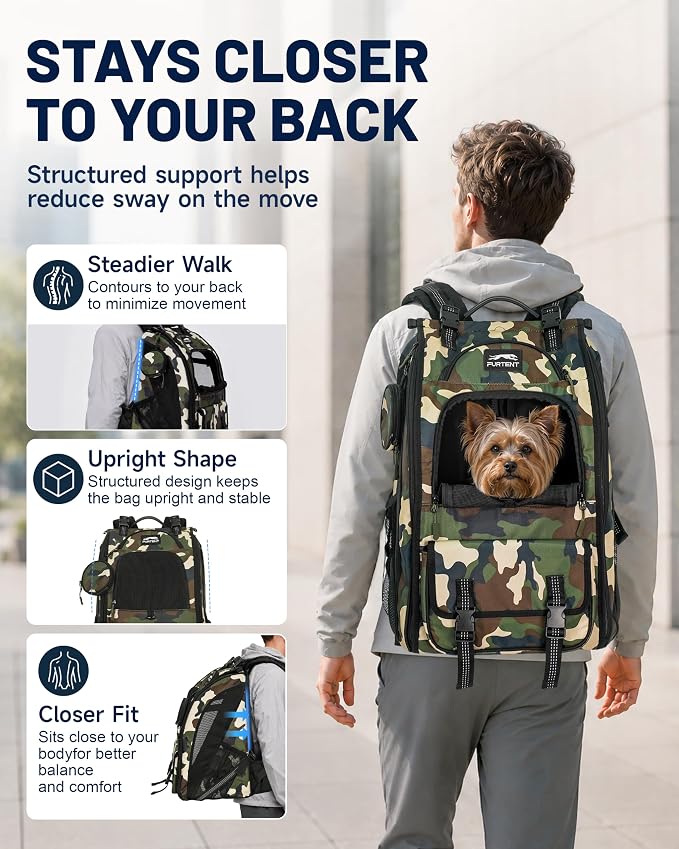 Dog Backpack Carrier with Ergonomic Support, Padded Straps and Ventilation, Hiking Pet Backpack with Safety Tethers, Reflective Trim and Waist Support, Up to 22lbs