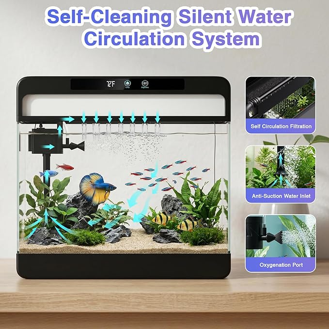 Fish Tank Starter Kit, 3 Gallon Smart Aquarium for Beta, 3-in-1 Silent Water Pump with Filteration & Circulation & Oxygenation, Temperature Display, 7 Colors LED Lights (Black)