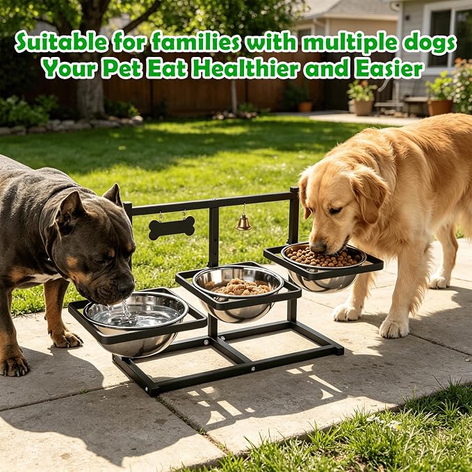 SHAINFUN Elevated Dog Bowls Stand for Large/Extra Large Dogs with Mat, 6 Height Adjustable Raised Dog Bowl, Three 101oz Food Water Bowls