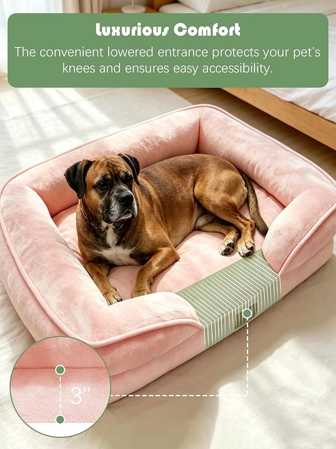 Spotted Play Orthopedic Dog Bed with Sides - Sofa Beds for Large Dogs, Supportive Foam Pet Couch Bed with Washable Removable Cover, Waterproof Lining and Non-Slip Bottom, Pink - L-Plus