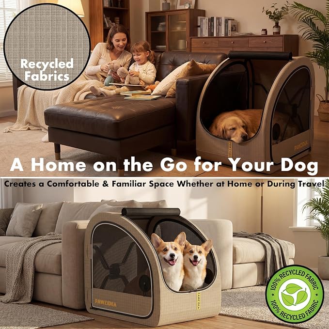 PAWZIDEA Portable Dog Crate for Car Travel, Medium & Large Dogs Up to 80lbs | Enclosed Soft-Sided Dog Car Kennel for Backseat, Secures w/ Seatbelt & Headrest Strap, Collapsible Car Carrier, Chew-Proof